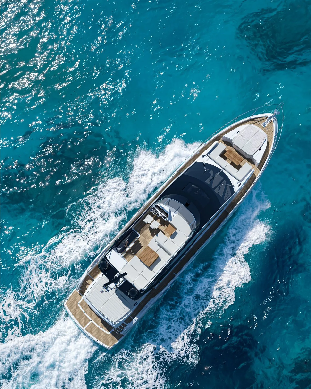 Aerial CGI view of a motor yacht in turquoise water — OTTOBIT